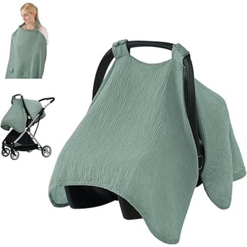 Blissful Diary 2-in-1 Muslin Baby Car Seat Cover, Multi-use Nursing Cover for Breastfeeding, Breathable Infant Car Seat Cover Canopy - Roman Green
