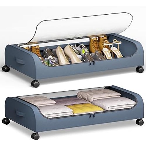 Under Bed Storage Containers, 2 Pack Curved Underbed Storage, 60L Under The Bed Storage Bins, Rolling Under The Bed Storage Metal Drawer for Bedroom Clothes Shoes Blankets