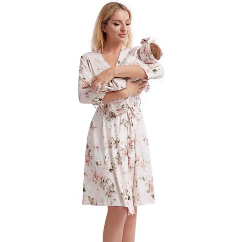 Galabloomer Maternity Robe and Baby Receiving Blanket, Matching Mommy Labor Delivery Robe and Swaddle Set Vintage rose