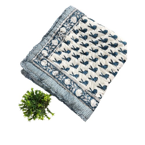 Hand Block Print Cotton Baby Quilt: Rabbit