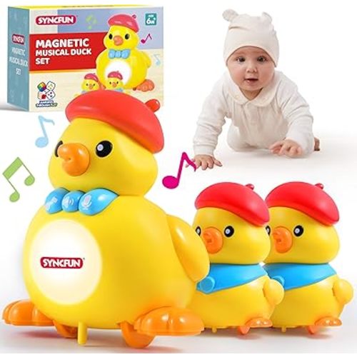 SYNCFUN Musical Duck Toy with 2 Baby Ducks, Repeats What You Say Toy, Crawling Tummy Time Toy with Light & Music, Early Learning Education Toy, Christmas Birthday Gift for Boys Girls Aged 6+ Months