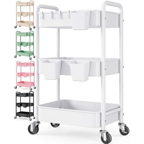3 Tier Rolling Cart Metal with Wheels, White Three Tiered Craft Cart Organizer on Wheels, Storage Utility Carts for Art, Baby Nursery,Diaper Caddy, Cleaning Supplies, Nail,Lash,Snack,Book,Roller Shelf