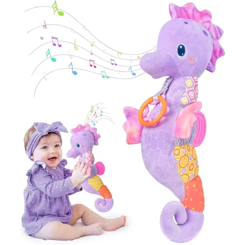 Baby Toys 0-6 Months,Infant Musical Seahorse Stuffed Animals Sensory Toys with Bright Colors,Multiple Textures,Rattles & Crinkle Sound Paper,Tummy Time Toy for Newborn Boys Girls 0-12 Months-Purple