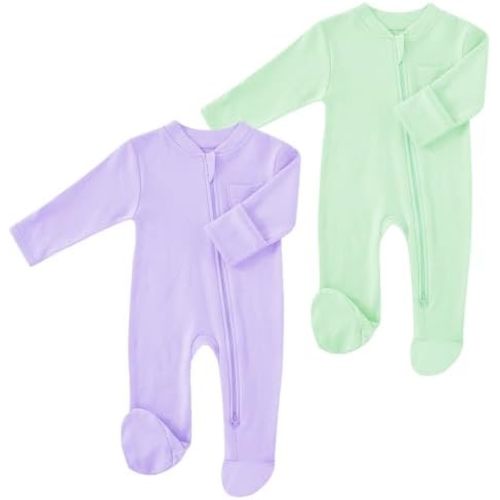 Baby 2 Way Zipper Girls Boys 100% Cotton Footed Sleep and Play with Mitten Cuffs 0-12 Months