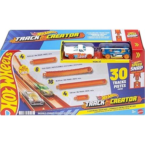 Hot Wheels Toy Car Track Set, Track Creator Deluxe Pack & 2 1:64 Scale Die-Cast Vehicles, 25 Feet of Different Length Speed Snap Track & Connectors (Amazon Exclusive)