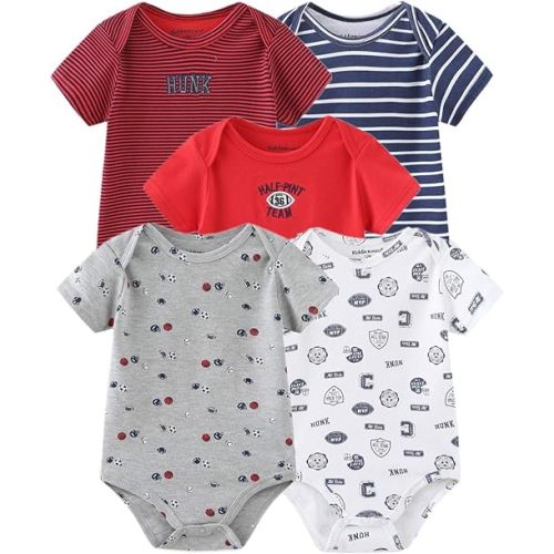 Kiddiezoom 5-Pack Baby Onesies (9-12 months, red, gray, striped)