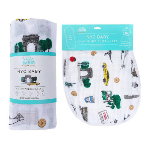 Gift Set: New York City Baby Muslin Swaddle Blanket and Burp Cloth/Bib Combo