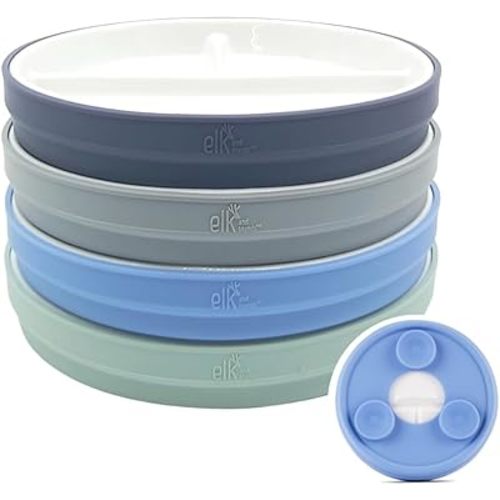 Elk and Friends Kids 6.7” Porcelain Divided Plates with Silicone Suction Sleeves | Suitable for Babies/Kids/Toddlers | Microwave & Dishwasher Safe | Non Slip | Snack Dishes