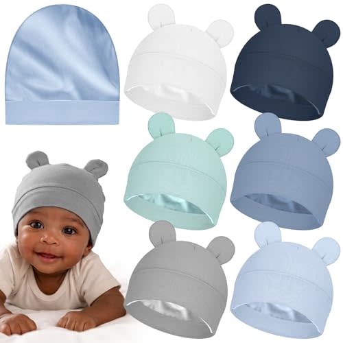 Shihanee 6 Pcs Satin Lined Baby Newborn Hats Beanie Hats Soft Silk Satin Bonnet Infant Toddler Cap for 0-6 Months Girls Boys