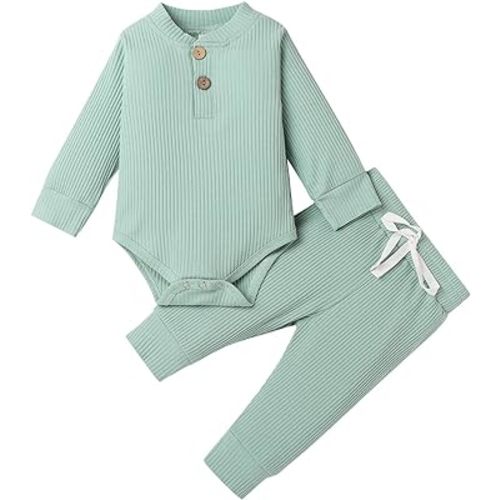 Newborn Baby Boy Girl Clothes Ribbed Knitted Cotton Long Sleeve Romper Long Pants Solid Color Fall Winter Outfits