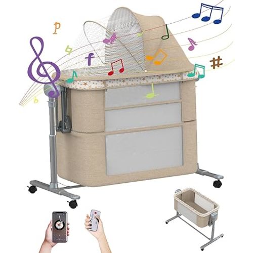 Electric Rocking Bassinet for Baby, 6 and 1 Baby Bedside Bassinets with Remote Control, Portable Bassinets Bedside Sleeper for Newborn with 3-Speed Swings, Baby Crib in Bed with Wheels(Khaki)