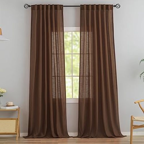 Brown Linen Back Tab Curtains 96 Inches Long 2 Panels Set for Modern Farmhouse - Hooks Belt Pleated Easy Sliding Semi Privacy Thick Decorative Drapes Rod Pocket Light Filtering Curtains Chocolate