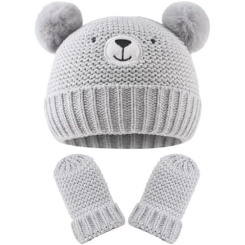 Cute Bear Baby Beanie Pompom Baby Hat Mittens Set Infant Toddler Beanie for Boys Girls