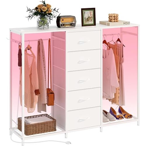Dresser for Bedroom with Clothes Rack 5 Drawer Dresser with Charging Station LED Lights White Chest of Drawers Flexible Shelf and Open Storage Space for Bedroom Living Room (White)