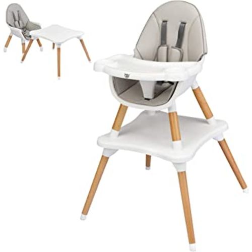 BABY JOY 5 in 1 High Chair, Convertible High Chairs for Babies and Toddlers/Booster Seat/Table and Chair Set, Infant Wooden Highchair w/ 5-Point Harness, 4-Position Removable Tray & PU Cushion, Gray