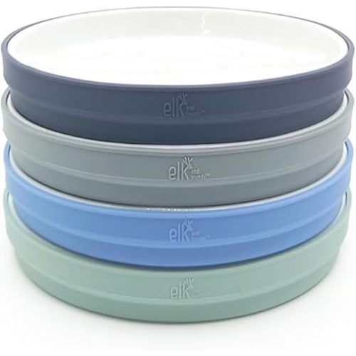 Elk and Friends Kids 7.8” Porcelain White Plates with Silicone Sleeves | Suitable for Kids/Toddlers | Microwave & Dishwasher Safe | Non Slip | Snack Dishes
