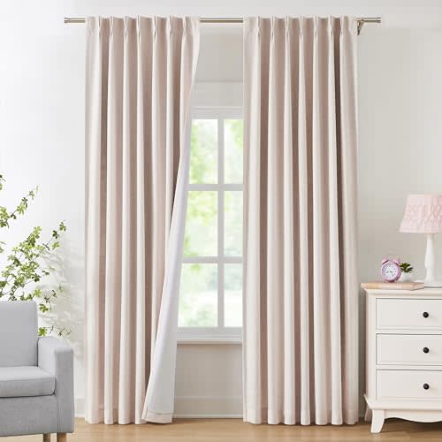 Pink Pinch Pleated Full Blackout Curtains Linen Texture Thermal Insulated Window Treatment Panel 84 Inch Long for Living Room Bedroom Noise Reducing Back Tab Drapes with Hooks, 2 Panel, 40"Wx84"L