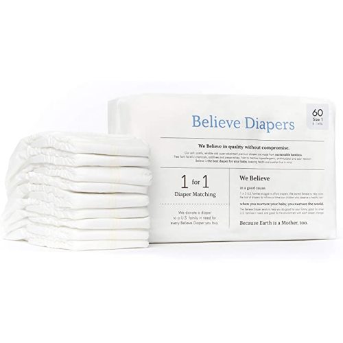 Believe Baby Bamboo Baby Diapers Size 1 - Premium, Super-Absorbent, Hypoallergenic for Sensitive Skin, Chemical-Free, Unscented, Eco-Friendly Diaper for Babies 8-14 lbs - 60 Ct - Size 1 (60 Count)