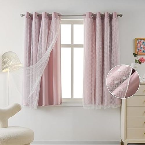 MYSKY HOME Pink Curtains for Girls Bedroom & Nursery Blackout Cute Curtains Double Layer with Polka Dots Sheer, Grommet Tops, 52x54 Inch, 2 Panels