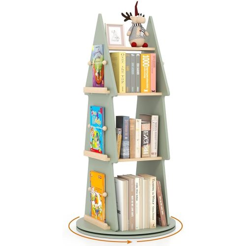 Costzon Kids Rotating Bookshelf, 360° Display Spinning Bookshelf Tower with Book Rack, 4-Tier Corner Book Shelf for Small Space, Floor Standing Revolving Bookcase for Kids Room, Living Room (Green)