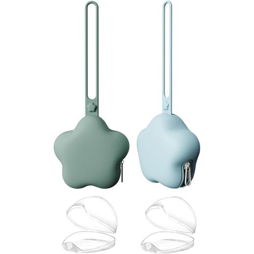 4 Pack Pacifier Holder Case,2pcs Silicone Portable Pacifier Pouch and 2pcs Transparent Nipple Holder Case Container, On-The-GO Pacifier Storage Container Box,BPA Free, Easy to Clean(Green+Blue)