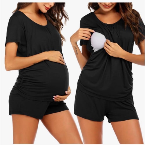 Ekouaer Women's Maternity Nursing Pajamas Set Breastfeeding Sleepwear Double Layer Short Sleeve Top & Shorts Pregnancy PJS