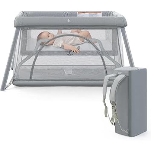 Travel Crib,Portable Crib for Baby, Pack and Play for Babies and Toddler, Lightweight Backpack Design,Foldable Travel Baby Playpen with Mattress(Light Grey)