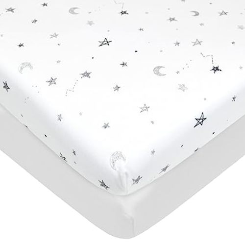 American Baby Company 2 Pack 100% Natural Cotton Fitted Pack and Play Sheets 39" x 27" - Soft & Breathable Pack N Play Sheets for Playard & Mini Crib Mattress, Gray Star and White, for Boys & Girls