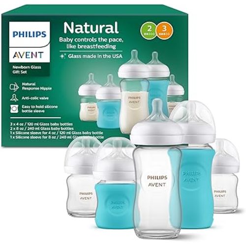 Philips Avent SCD858/01 Coffret cadeau en verre naturel pour nouveau-né avec tétons à réponse naturelle, 3 x 118 ml (débit lent, débit 2) et 2 x 237 ml (débit moyen, débit 3), 2 x manchons en silicone