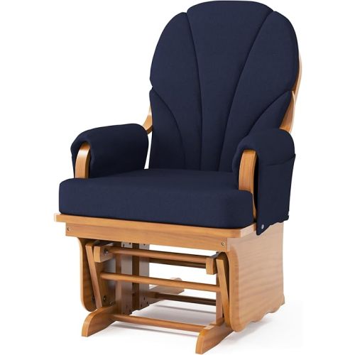 Foundations Lullaby Wood Base Glider Rocker - Baby Feeding and Rocking Chair for Nursery, Daycare Environment - Nursery Rocking Chairs with Padded Foam Arm Rests - (Natural/Blue)