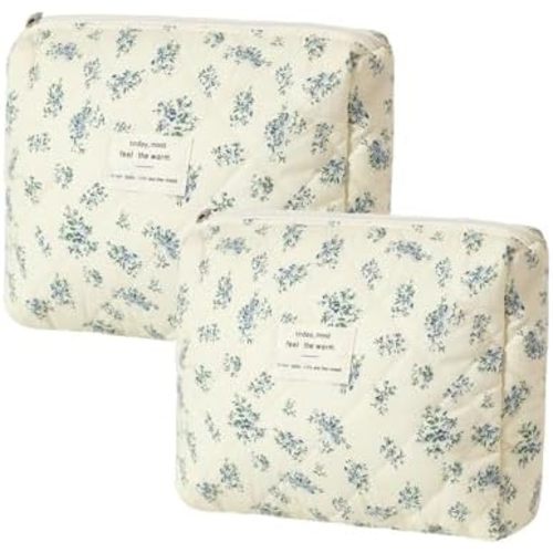Quilted Cotton Makeup Bag 2Pcs Coquette Cosmetic Bag,Large Soft Floral Travel Toiletry Bag for Women and Girls(02 Blue flower)