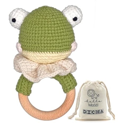 DICHA Wood Baby Rattle-Crochet Baby Rattle- Infant Rattle Sensory Development Wooden Toys Set-includes Beech Wooden Teething Ring-Frog