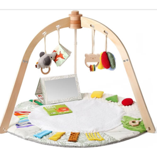 Wooden Baby Play Gym Mat – Anti - Slip Tummy Time & Activity Mat, 5 Developmental Zones & 6 Sensory Toys for Motor Skills, Easy Install & Clean | Newborn Essentials Gift