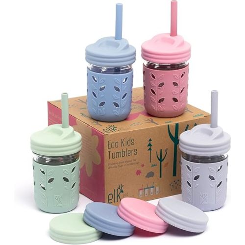 Elk and Friends Kids & Toddler Cups | The Original Glass Mason Jars 8 oz with Silicone Sleeves & Silicone Straws with Stoppers | Smoothie Cups | Spill Proof Sippy Cups for Toddlers (Sage/Plum/Lilac/Misty Blue (4 Pack Sleeve))