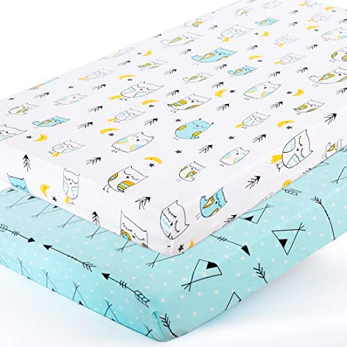 BROLEX 2 Pack Mini Crib Sheets, Stretchy Portable Fitted Playard Mattress Covers, Ultra Soft Breathable Arrow & Owl Material
