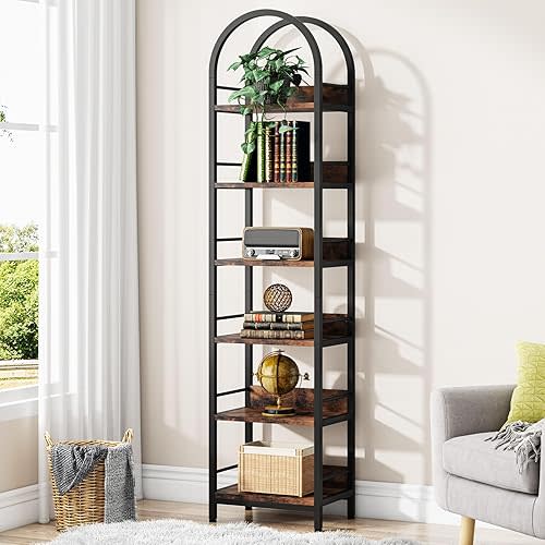 Tribesigns 78.7" Tall Bookshelf, Industrial Wood 6-Tier Bookcase, Arched Narrow Bookshelf, Ladder Shelf Storage Organizer, Display Shelf with Metal Frame for Bedroom, Living Room, Rustic Brown