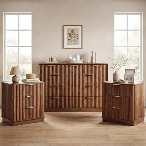 LYNCOHOME 3-Piece Bedroom Set, 9-Drawer Dresser & Large Nightstands, Walnut