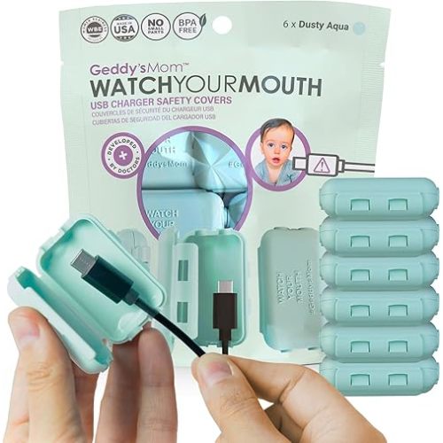 Geddy's Mom - Watch Your Mouth - The Award Winning USB Charger Child Safety Cover - Made in The USA - Baby Proofing Toddler Shock Prevention - 6 Pack (Dusty Aqua)