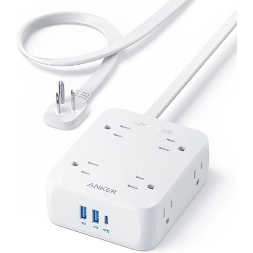 Anker Surge Protector Flat Plug Power Strip 2000J, 5ft Thin Extension Cord, 8 Outlets,2 USB A and 1 USB C Port,20W for iPhone15,Wall Mount,Compact for Home,Office,Room,TUV Listed