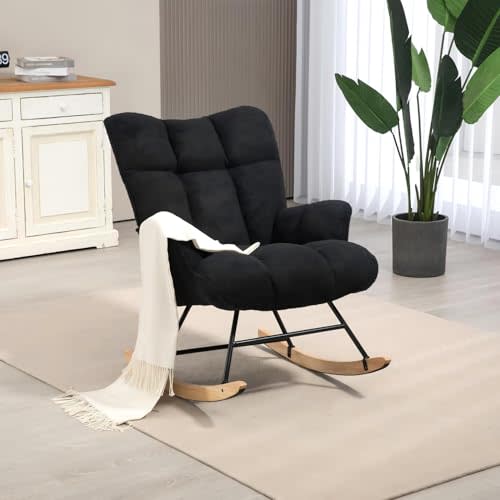 SAETSFEG Rocking Chair Nursery Teddy, Upholstered Baby Fluffy Glider Rocker for Adults Small Spaces Indoor, Comfy Sherpa Compact Nursing Chairs for Living Room, Classroom, Bedroom, Black