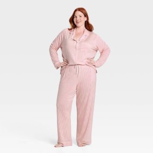 Women's Cloud Knit Modal Long Sleeve Notch Collar Top and Pants Pajama Set - Auden™ Blush XL