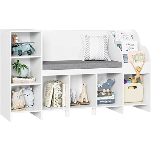 HOUSUIT Kids Bookshelf with Reading Nook, Bookcase with Seat Cushion and Adjustable Shelf, Storage Bench with Book Rack for Bedroom, Entryway, Playroom, 15.7" D x 54.5" W x 31.5" H, White