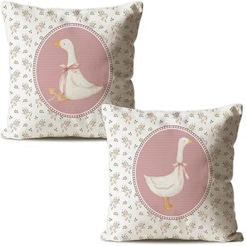 Vintage Floral Goose Throw Pillow Covers 18x18 for Girls Daughter Women,Pink Bow Ducks Cushion for Bedroom Decor,Set of 2