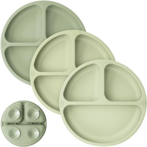 3-pack Prep Suction Plates For Baby, 100% Silicone Toddler Plates, Bpa-free Divided Baby Plates With Suction (marsh)