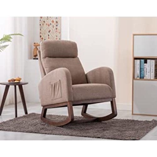 KINFFICT Comfy Rocking Chair, Upholstered Accent Glider Rocker for Baby Nursery or Relaxation, Living Room Armchair with High Back and Headrest, Modern Rocking Glider with Side Pocket, Camel