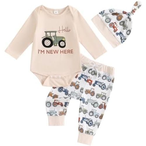 Fall Outfit Newborn Baby Boy Clothes Farm Tractor Long Sleeve Romper Bodysuit Pants Hat Set