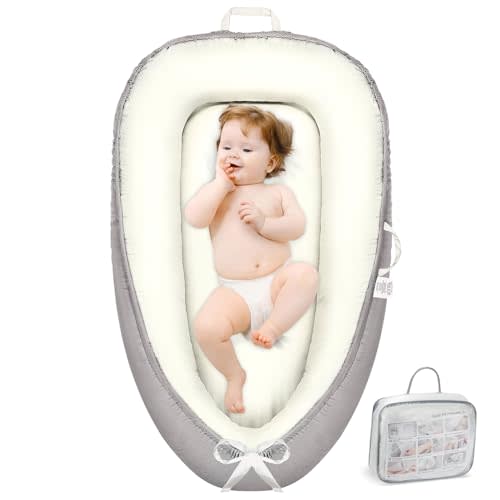 TADAKAZU Baby Lounger - Infant Lounger for Newborn 0-24 Months, Pure Cotton Breathable Baby Nest Cover, Newborn Essentials for Baby Boys&Girls, Portable Baby Bed for Home and Travel,Beige