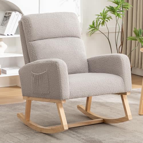HCHAIRH Rocking Chair Nursery, Sherpa Nursing Rocking Chairs, Upholstered Nursery Glider Rocker for Mom Nursery Morden Accent Rocking Chair with Side Pocket for Living Room,Bedroom,Teddy Gray