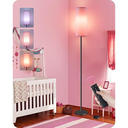 Dimmable Pink Floor Lamp for Living Room with Remote and Foot Switch, Corner Floor Lamp for Bedroom, 66'' Standing Tall Lamp, 10W 900LM Bulb Included, 3000K-6500K, Linen Shade, FCC Listed P06LD05W1