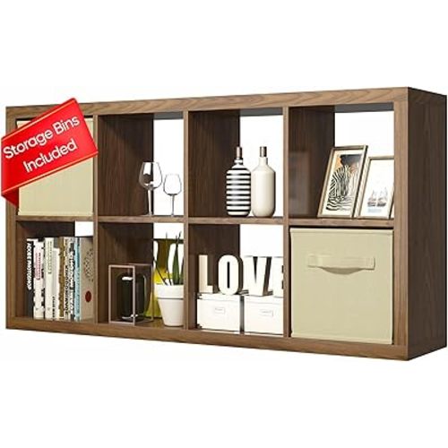Bookshelf with Storage Bins, 8-Cube Storage Organizer with Back Panels, Modern Wood Open Bookcase, Multifunctional Display Shelf for Living Room, Bedroom, Home Office, Classic Oak